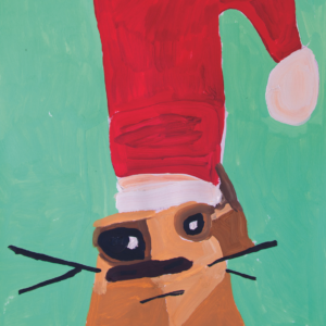 Illustration of a brown dog wearing a tall, red Santa hat on a green background.