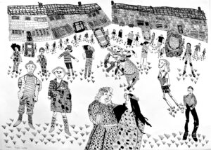 A black and white drawing made by our member Sam Jevon representing a group of people talking, walking around and hugging each other.