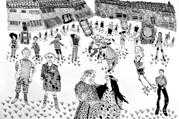 A black and white drawing made by our member Sam Jevon representing a group of people talking, walking around and hugging each other.