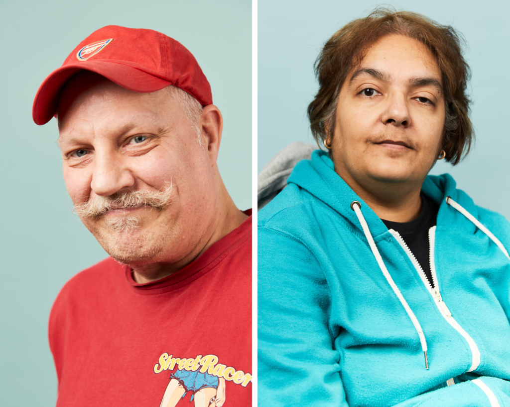 On the left, there is a portrait of Tony Allen. He has grey moustaches and he is wearing a red baseball cap and red t-shirt. On the right there is a portrait of Tirzah Mileham. She has short, brown hair and brown eyes. She is wearing a light blue sweatshirt.