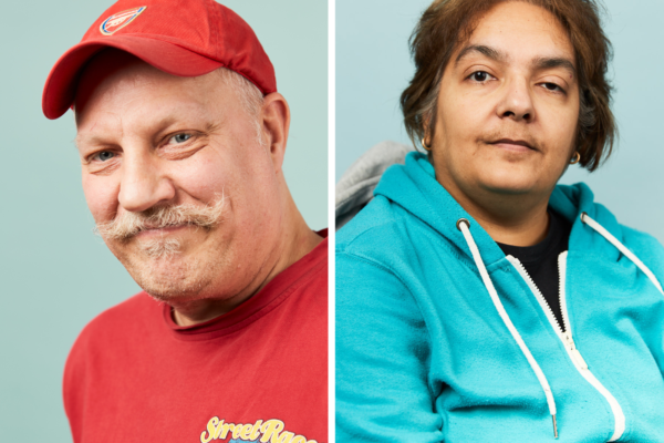 On the left, there is a portrait of Tony Allen. He has grey moustaches and he is wearing a red baseball cap and red t-shirt. On the right there is a portrait of Tirzah Mileham. She has short, brown hair and brown eyes. She is wearing a light blue sweatshirt.